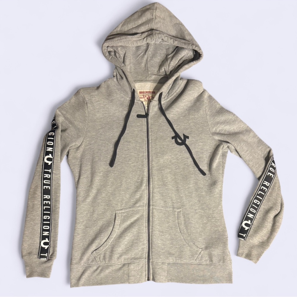 True Religion Heather Gray Hoodie with Logo Sleeves
